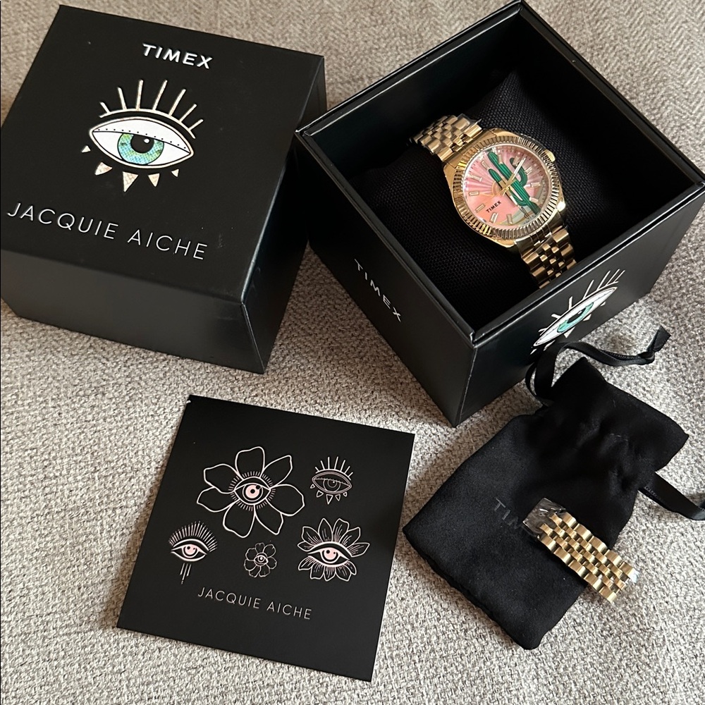 Jacquie Aiche Gold Tone Watch with Pink and Green Dial